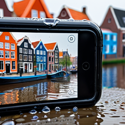 Home 15 ** A close-up of a smartphone wearing a transparent TPU case, partially covered in water droplets to illustrate water resistance. In the background, a blurred image of a Dutch canal with colorful houses can be seen. Emphasis on clarity and protection.
**