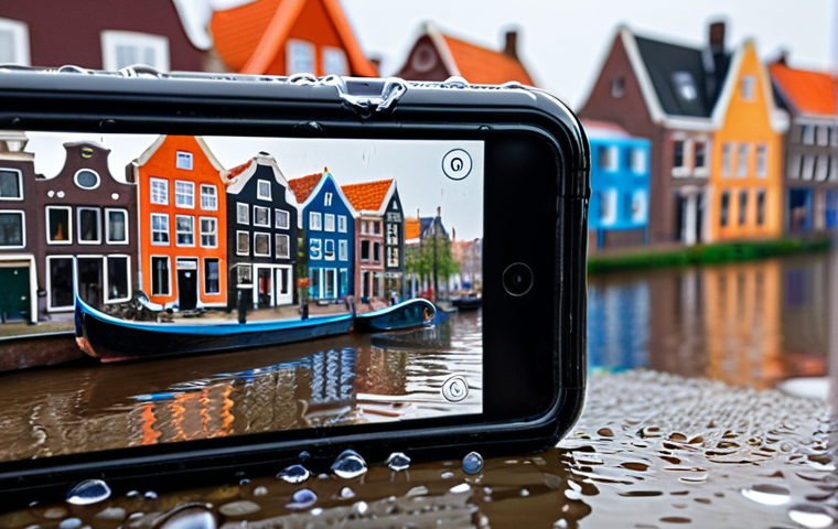 ** A close-up of a smartphone wearing a transparent TPU case, partially covered in water droplets to illustrate water resistance. In the background, a blurred image of a Dutch canal with colorful houses can be seen. Emphasis on clarity and protection.
**