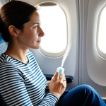 A serene adult woman, fully clothed in modest, comfortable travel attire, sits by a window seat in a modern, clean airplane cabin. A compact, minimalist portable humidifier is discreetly placed on her armrest, emitting a fine, barely visible mist. Her expression is calm and refreshed. The scene is captured with soft natural light, reflecting professional photography standards, high-resolution detail, perfect anatomy, correct proportions, natural pose, well-formed hands, proper finger count, and natural body proportions. This image is safe for work, appropriate content, fully clothed, modest, and family-friendly.